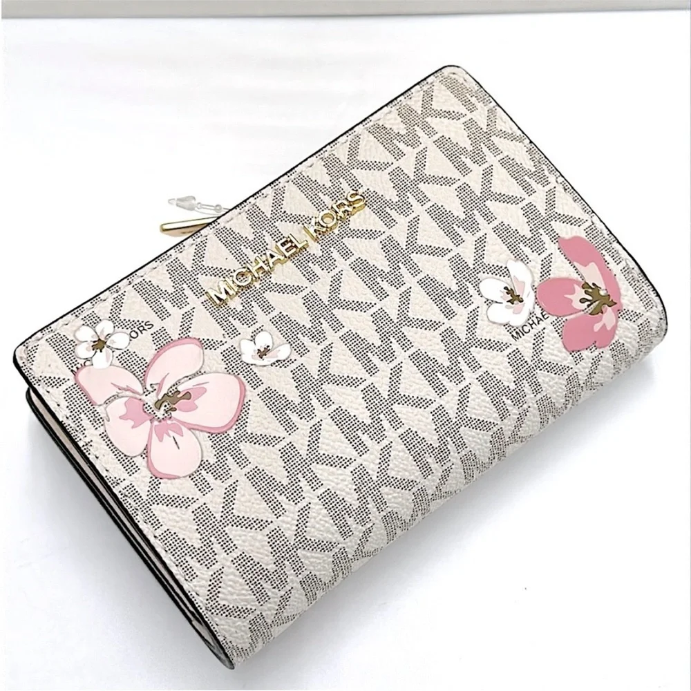 Michael Kors Jet Set Medium Floral Embellished Signature Logo Bi-fold Wallet NWT